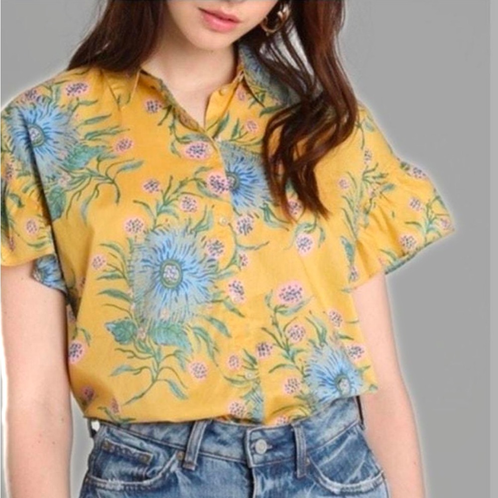 Madewell Ruffle Sleeve Button Down Shirt Painted Blooms Floral Size S